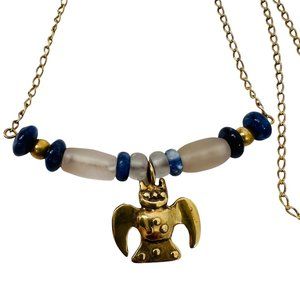 Sterling Silver Bat Necklace Sea Glass Lapis Lazuli Bead Ancient Repro Unique